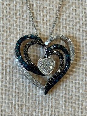 Navy Blue Diamond Accent Heart Necklace Sterling Silver 925 Multi Tone Pendant